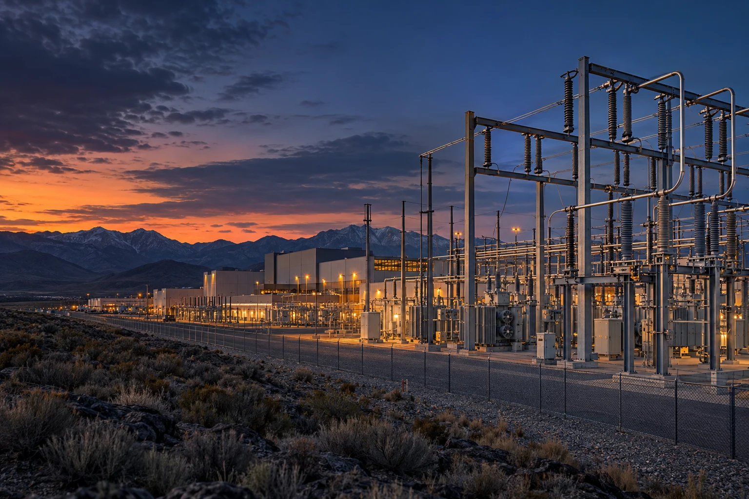 Illustrative industrial electrical infrastructure in a western mountain landscape at dusk